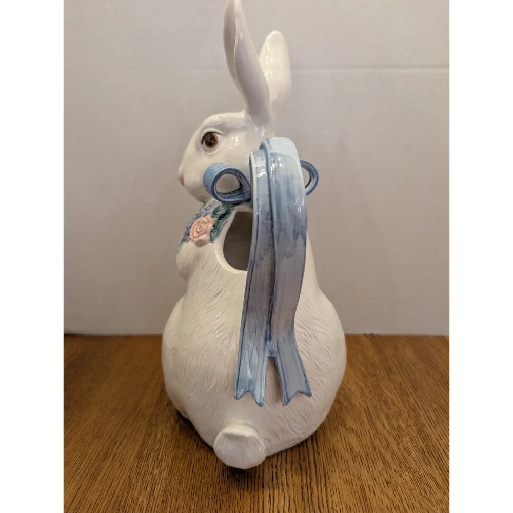 Fitz and Floyd Flora Ceramic Rabbit 1qt Pitcher 1993 Blue Bow Handle